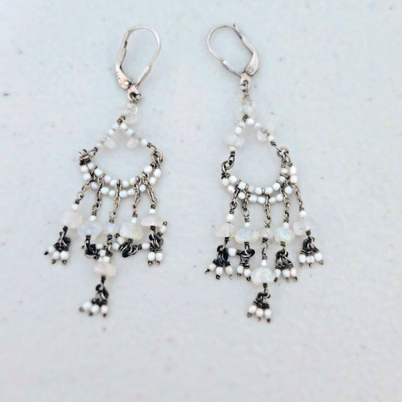 Handmade Long Dangle Chandelier Earrings Moonstone with sterling silver earwires - Picture 3 of 7